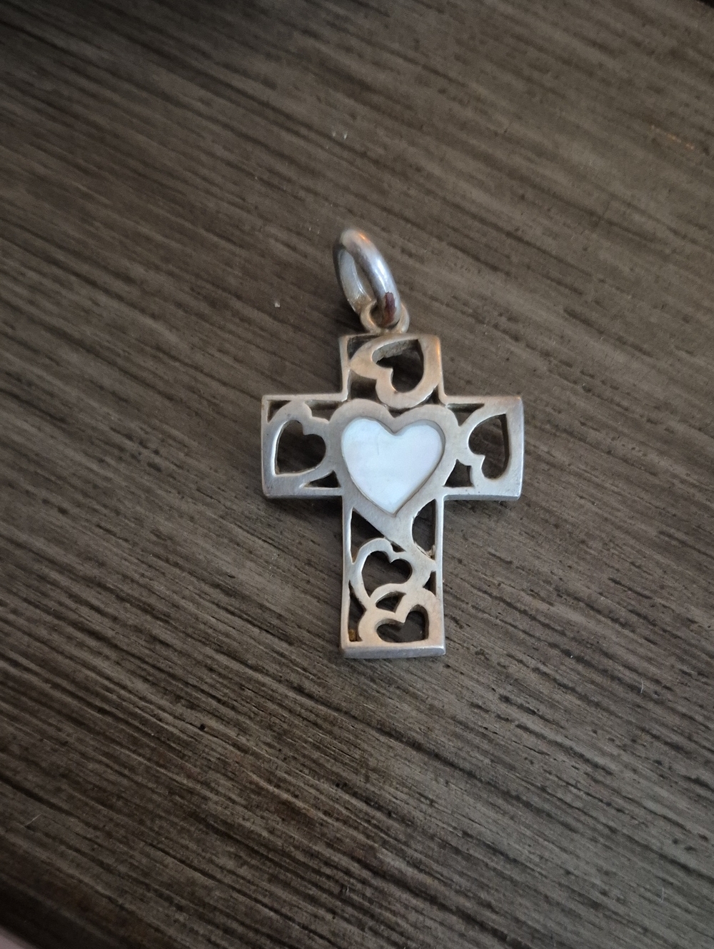 925 Silver Heart Cutout Cross Pendant - White Inlay